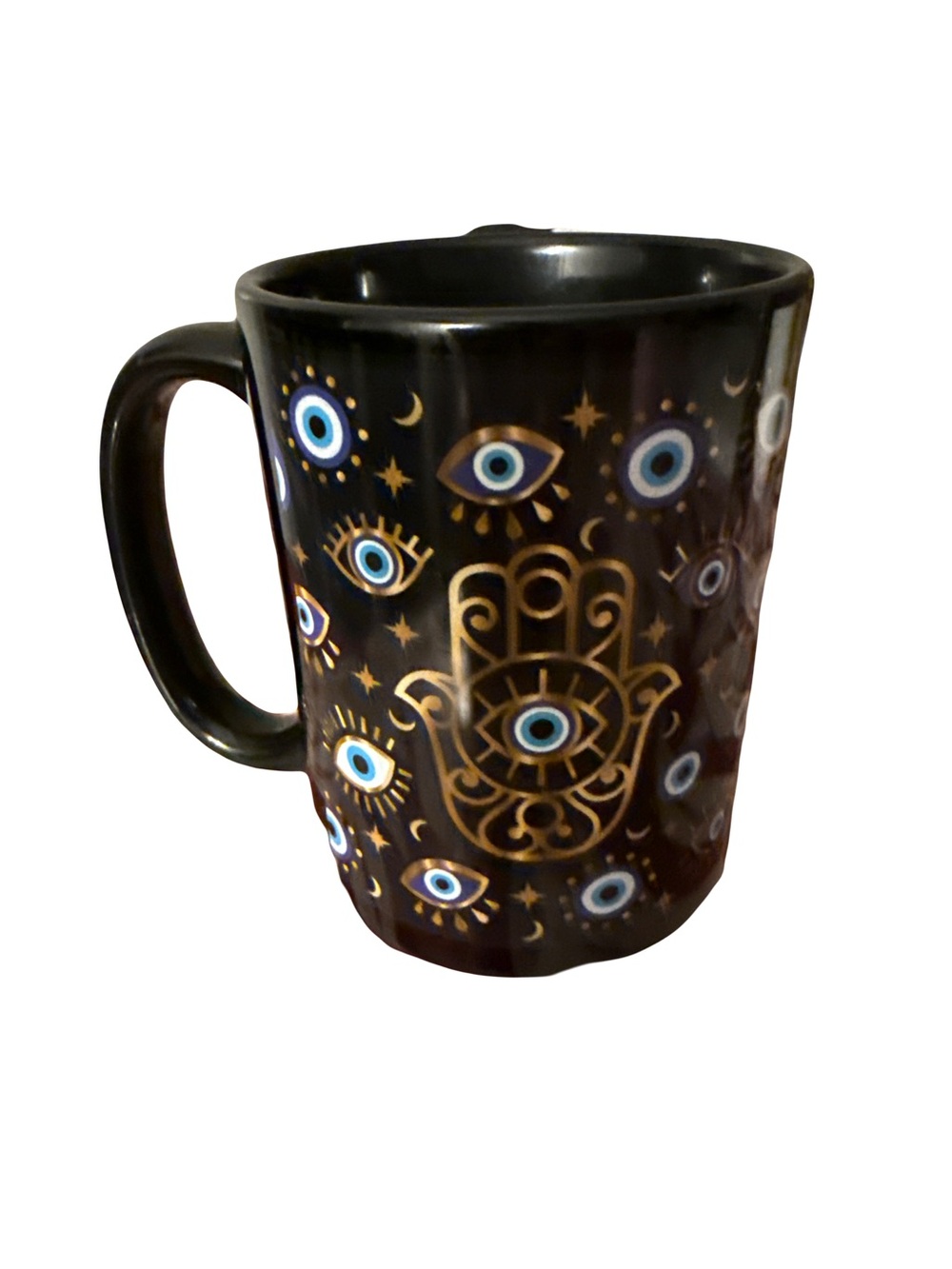 Black Hamsa Eye Ceramic Coffee Mug - Gold & Blue Accent